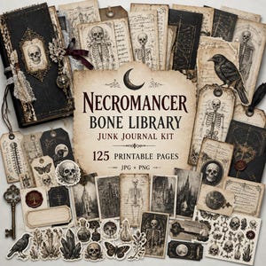 May include: A junk journal kit titled NECROMANCER BONE LIBRARY featuring 125 printable pages in JPG and PNG formats. The collection includes various paper ephemera, tags, and cutouts displaying skeletons, skulls, crows, butterflies, and gothic architecture.