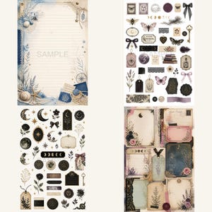 May include: A collection of vintage-style scrapbook paper and stickers. The paper features lined pages with botanical and nautical elements. Stickers include moons, butterflies, bows, and tags. The word "SAMPLE" is printed on the paper.