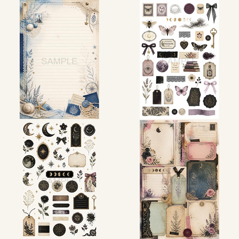 May include: A collection of vintage-style scrapbook paper and stickers. The paper features lined pages with botanical and nautical elements. Stickers include moons, butterflies, bows, and tags. The word "SAMPLE" is printed on the paper.