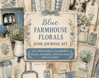 Diario de estilo rústico, kit, imprimibles de estilo rústico, artículos decorativos de estilo rústico, kit de diario con estampado floral azul de estilo rústico.