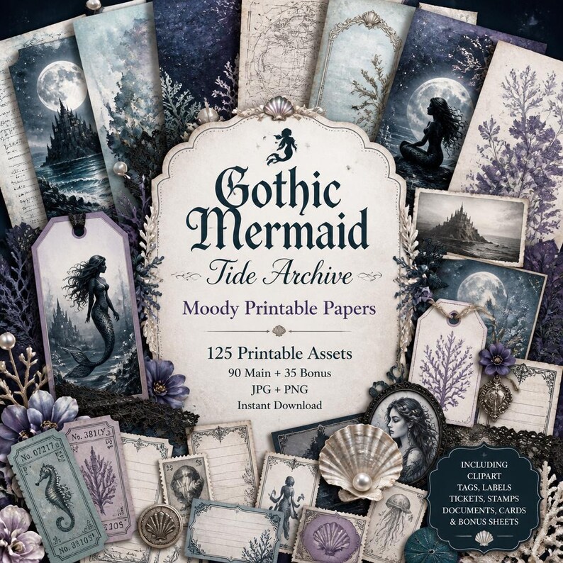 May include: A collection of Gothic Mermaid Tide Archive printable papers featuring 125 assets including clipart, tags, labels, tickets, stamps, and documents. The imagery displays dark, moody ocean scenes with mermaids, moons, and sea life.
