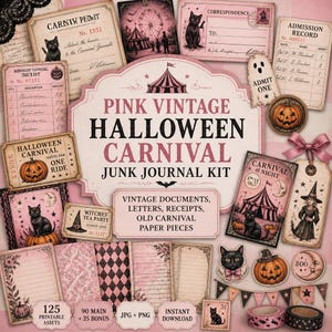 K&ouml;nnte beinhalten: Eine Sammlung von rosa Vintage-Halloween-Karneval-Papier-Ephemera. Enth&auml;lt Tickets, Anh&auml;nger, Quittungen und Dokumente mit Illustrationen von schwarzen Katzen, K&uuml;rbissen und einem Zirkuszelt. Der Text lautet "Pink Vintage Halloween Carnival Junk Journal Kit."