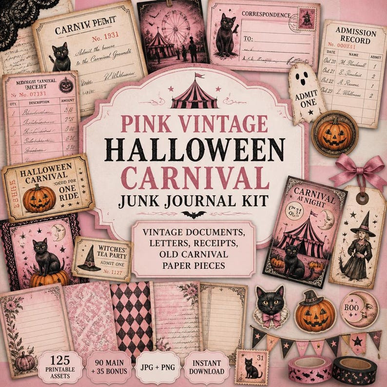 K&ouml;nnte beinhalten: Eine Sammlung von rosa Vintage-Halloween-Karneval-Papier-Ephemera. Enth&auml;lt Tickets, Anh&auml;nger, Quittungen und Dokumente mit Illustrationen von schwarzen Katzen, K&uuml;rbissen und einem Zirkuszelt. Der Text lautet "Pink Vintage Halloween Carnival Junk Journal Kit."