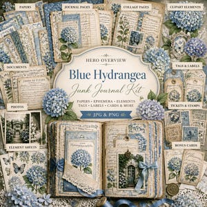 May include: A collection of vintage-style scrapbook elements, including papers, tags, and journal pages, with a blue hydrangea theme. The kit includes various digital ephemera, such as tickets, stamps, and bonus cards. The text "Blue Hydrangea Junk Journal Kit" is visible.