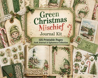 Grinch ephemera junk journal, Green Christmas Mischief Journal Kit, grinch clipart, grinch stickers