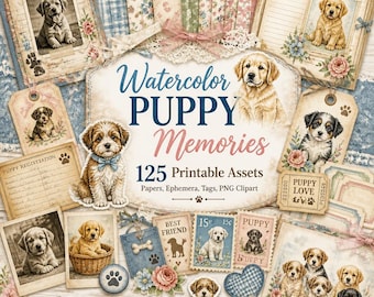 dog junk journal, Kit, junk journal dog, dog journal, Watercolor Puppy Memories