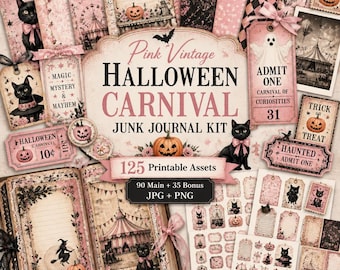 Dziennik śmieci na Halloween, zestaw, wydruki na Halloween, naklejki na Halloween, różowy, vintage'owy zestaw dziennika śmieci na Halloween