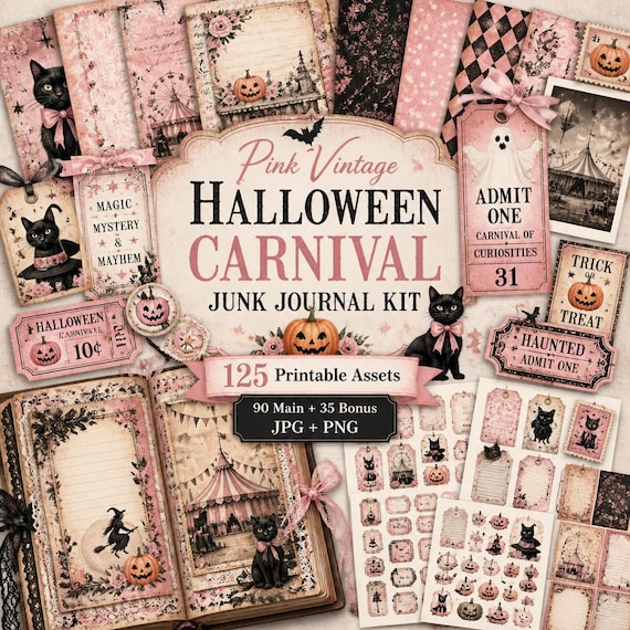 Halloween junk journal, Kit, halloween printable, halloween stickers, Pink Vintage Halloween Carnival Junk Journal Kit