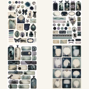 May include: A collection of four sticker sheets featuring nautical and mermaid-themed illustrations, including tags, frames, envelopes, ink bottles, seashells, coral, butterflies, and lace patterns in shades of deep blue, teal, and muted purple.