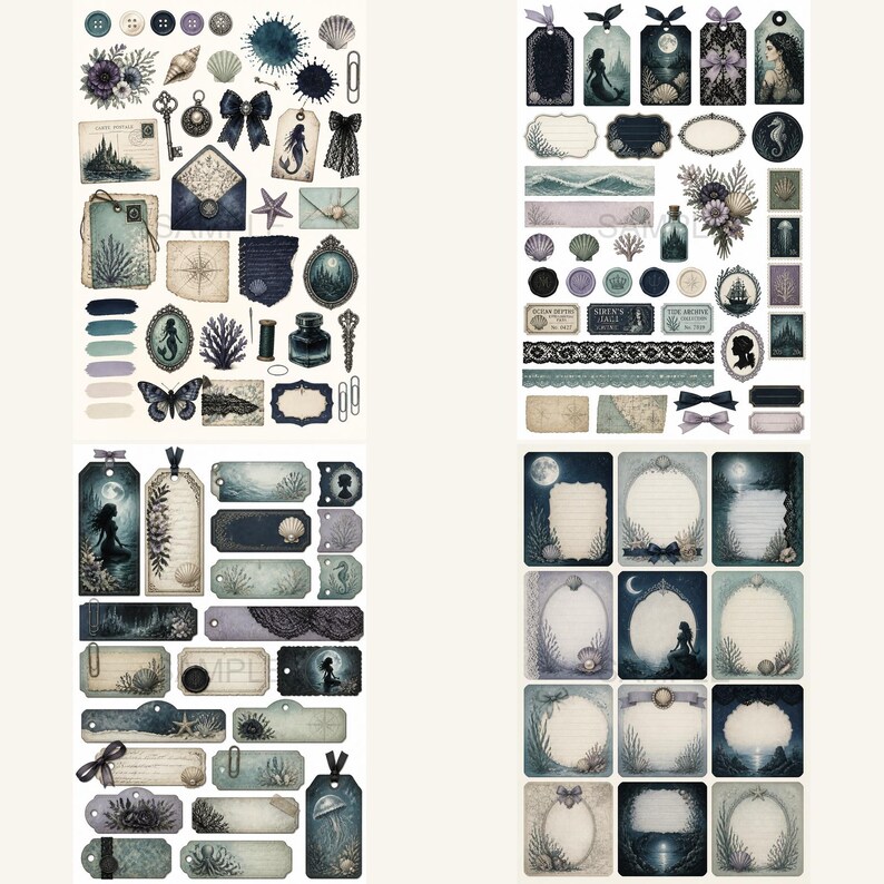May include: A collection of four sticker sheets featuring nautical and mermaid-themed illustrations, including tags, frames, envelopes, ink bottles, seashells, coral, butterflies, and lace patterns in shades of deep blue, teal, and muted purple.