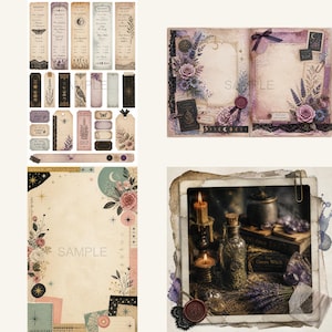 May include: A collection of vintage-style scrapbook paper, tags, and receipts with floral and celestial designs. The color palette includes soft pinks, purples, and creams. Some items feature the text "SAMPLE". The overall theme is a mystical, witchy aesthetic.