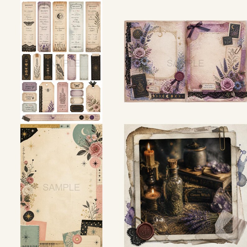 May include: A collection of vintage-style scrapbook paper, tags, and receipts with floral and celestial designs. The color palette includes soft pinks, purples, and creams. Some items feature the text "SAMPLE". The overall theme is a mystical, witchy aesthetic.