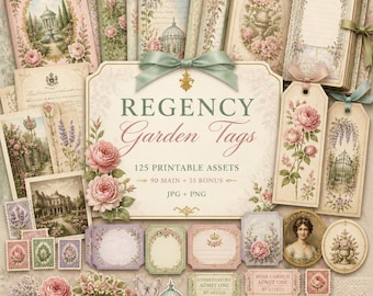 Junk journal Regency, Kit, clipart dell'epoca Regency, clipart Regency, Kit di etichette da giardino Regency