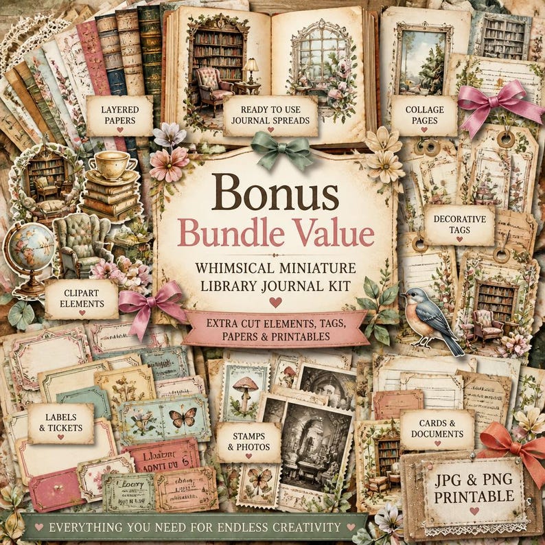 Miniature Books Junk Journal Kit, Tiny Library Epheera, DIY Miniature ...