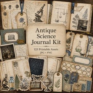 May include: An antique science journal kit featuring 125 printable assets in JPG and PNG formats. The collection includes vintage-style papers, tags, and stickers with illustrations of microscopes, laboratory glassware, ferns, and butterflies.
