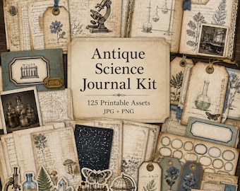 Science journal, Junk Journal Kit, laboratory science, science clipart, Antique Science Journal Kit