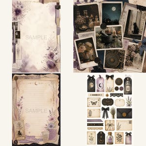 May include: A collage of vintage-style ephemera, including journal pages, tags, and postcards. The pages feature floral and botanical illustrations in shades of purple and cream. Some items have the word "SAMPLE" printed on them.