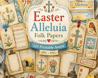 Diario pasquale, kit per diario spirituale, clipart di croci stampabili, biglietti per journaling con gigli, inserti per bollettini parrocchiali, carta festiva in stile folk art