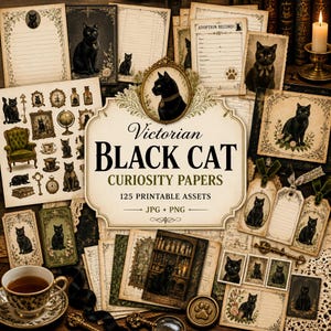 May include: A collection of printable Victorian-style stationery featuring black cat illustrations, ornate frames, and vintage ephemera. The central label reads Victorian BLACK CAT CURIOSITY PAPERS 125 PRINTABLE ASSETS JPG + PNG in black text.
