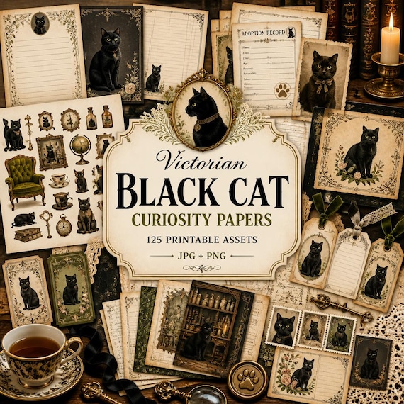 Cat junk journal, Kit, cat clipart, cat journal, Victorian Black Cat Curiosity Papers