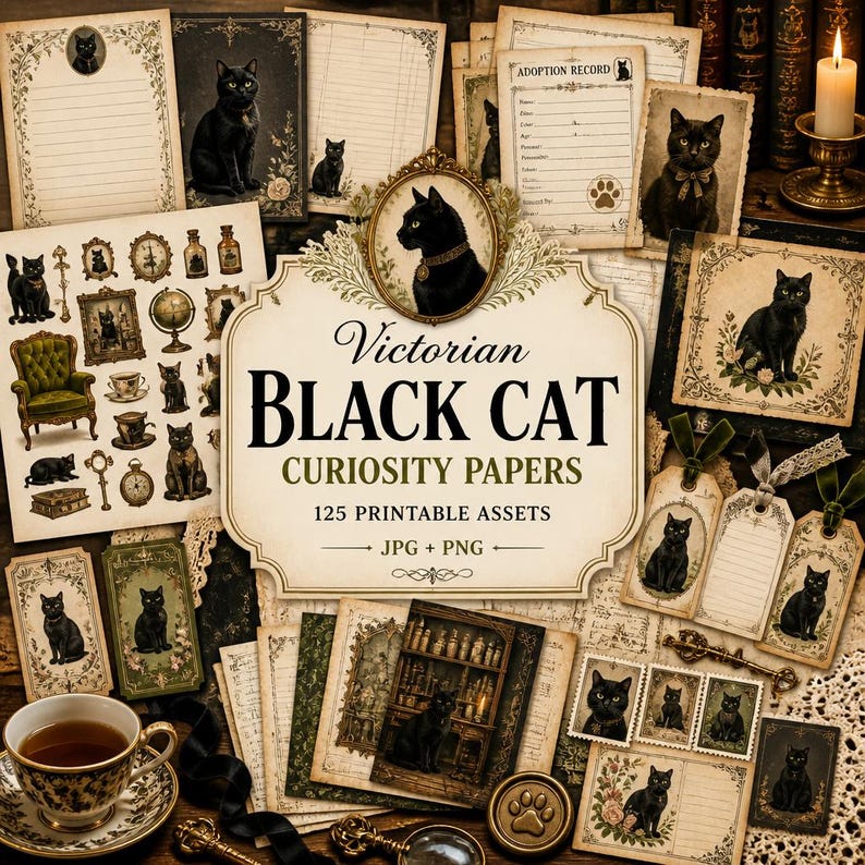 May include: A collection of printable Victorian-style stationery featuring black cat illustrations, ornate frames, and vintage ephemera. The central label reads Victorian BLACK CAT CURIOSITY PAPERS 125 PRINTABLE ASSETS JPG + PNG in black text.