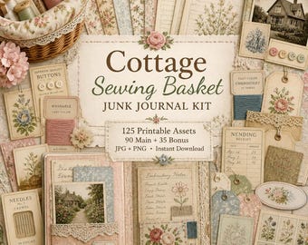 Cottage junk journal, Kit, cottage clipart, cottagecore journal, Cottage Sewing Basket Junk Journal Kit