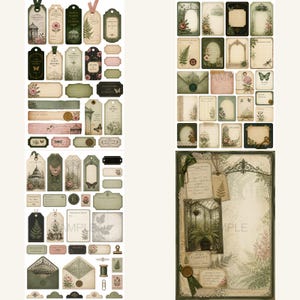 May include: A collection of paper ephemera featuring botanical and greenhouse illustrations, including various tags, labels, envelopes, and rectangular cards in shades of green, cream, and pink, with printed text and vintage-style decorative borders.