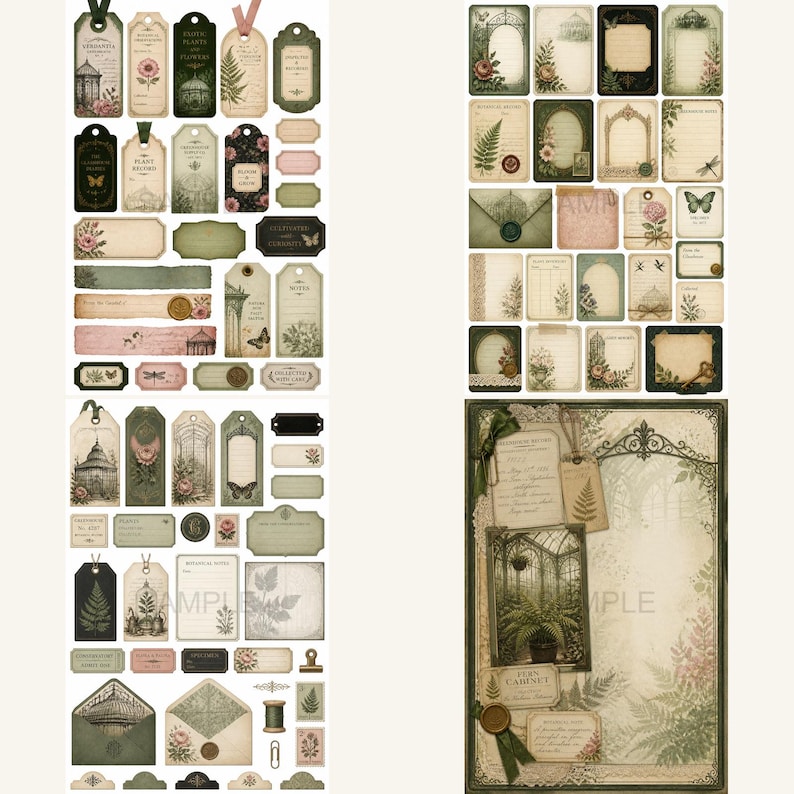 May include: A collection of paper ephemera featuring botanical and greenhouse illustrations, including various tags, labels, envelopes, and rectangular cards in shades of green, cream, and pink, with printed text and vintage-style decorative borders.