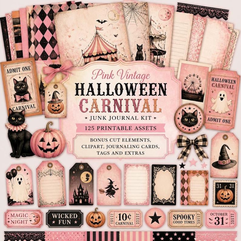 K&ouml;nnte beinhalten: Eine Sammlung von rosa und schwarzen Halloween-Themen-Ephemera. Enth&auml;lt Tags, Karten und Zuschnittelemente mit einer Vintage-Karneval-&Auml;sthetik. Enth&auml;lt K&uuml;rbisse, schwarze Katzen und den Text "Pink Vintage Halloween Carnival".