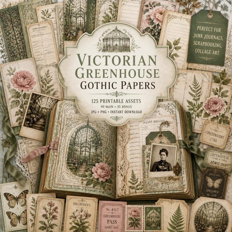May include: A collection of printable paper assets featuring Victorian greenhouse and gothic themes. The set includes vintage-style cards, tags, and pages decorated with botanical illustrations, roses, ferns, butterflies, and a portrait of a person.