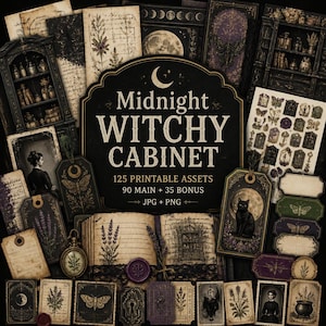 Peut inclure: Un ensemble de 125 éléments imprimables intitulé Midnight Witchy Cabinet, présentant des illustrations gothiques sombres incluant des armoires vintage, des papillons de nuit, un chat noir, des lunes, des croquis botaniques, des étiquettes et des vignettes.