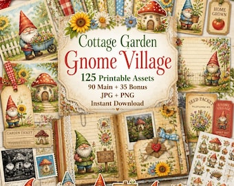 Gnome junk journal, Kit, garden gnome, garden gnomes, Cottage Garden Gnome Village