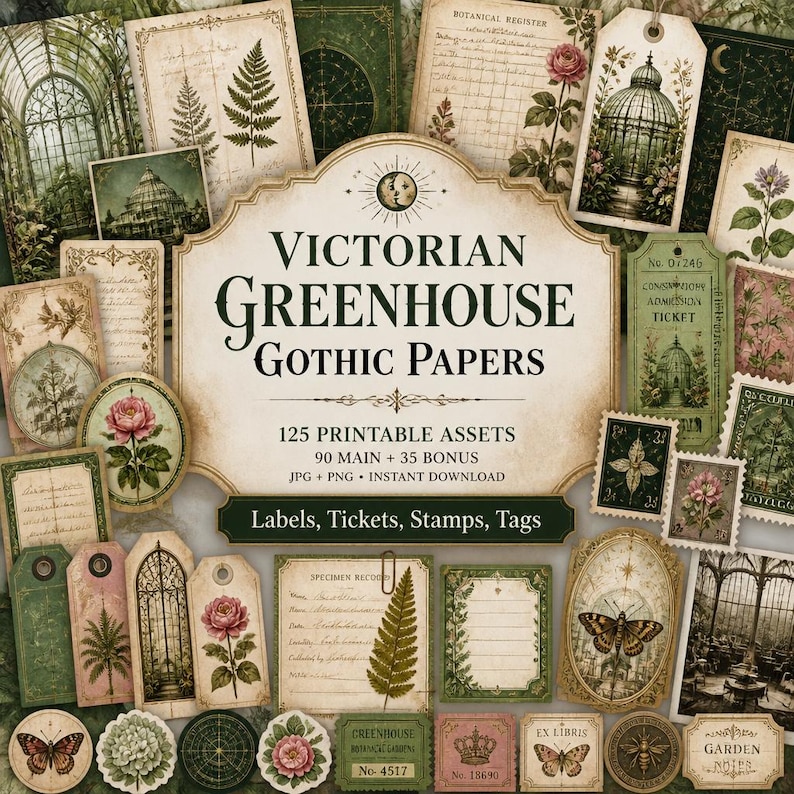 May include: A collection of printable paper assets featuring Victorian greenhouse and gothic themes. The set includes 125 items such as labels, tickets, stamps, and tags with botanical illustrations, ferns, roses, butterflies, and greenhouse structures.