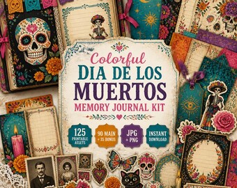 Dia los muertos junk journal, Kit, dia de los muertos, dia de los muertos png, Colorful Dia de los Muertos Memory Journal Kit