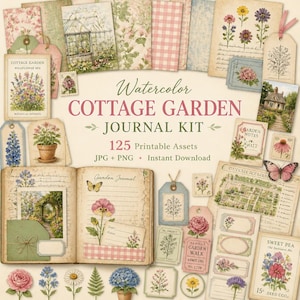 Può includere: Una collezione di elementi stampabili in stile vintage per un kit di diario di un cottage garden. Il kit include etichette, pagine di diario ed effimeri con illustrazioni floreali e botaniche. Il testo "Watercolor Cottage Garden Journal Kit" è visualizzato.