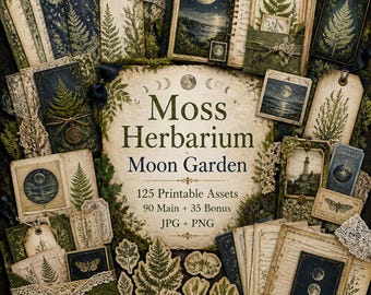 Witchcraft junk journal, Kit, herbal grimoire printable, moon garden ephemera, Moss Herbarium Moon Garden Kit