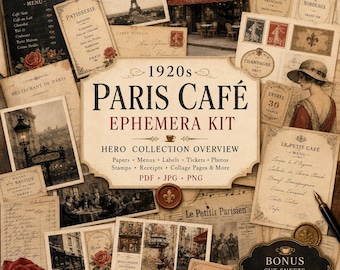 1920s Paris Café Junk Journal Kit, Vintage French Ephemera, Printable Papers, Labels, Tickets, Photos