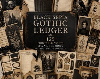 Black sepia junk journal, Kit, sepia journal, junk journal digital, Black Sepia Gothic Ledger