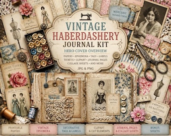 Vintage Haberdashery Junk Journal Kit, Sewing Ephemera Printable Papers, Lace Tags, Receipts, Journal Cards