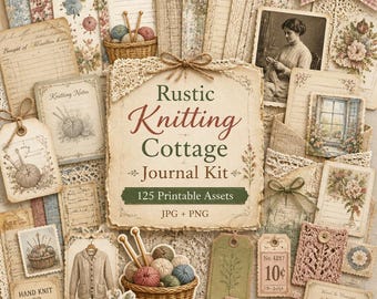 knitting journal, Junk Journal Kit, pdf knitting journal, knitting printable, Rustic Knitting Cottage Journal Kit