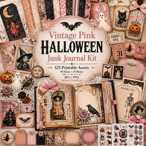 May include: A vintage-themed Halloween junk journal kit with a pink and black color scheme. The kit includes printable assets such as tags, illustrations of ghosts, pumpkins, bats, and a young girl in a witch costume. The text on the image reads "Vintage Pink Halloween Junk Journal Kit".