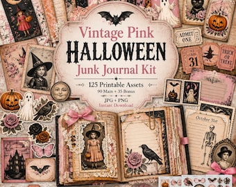 halloween junk journal, Kit, pink halloween junk journal papers, halloween junk journal paper, Vintage Pink Halloween Junk Journal Kit
