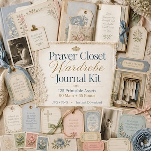 Peut inclure: Un kit de journal Prayer Closet Wardrobe comprenant 125 éléments imprimables, tels que des étiquettes, des cartes et des papiers au style vintage avec des motifs floraux et des textes religieux. Inclut des images de personnes et une armoire.