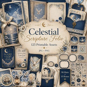 Könnte beinhalten: Eine Sammlung druckbarer Papier-Assets mit dem Titel Celestial Scripture Folio, bestehend aus 125 Elementen wie Karten, Anhängern und Umschlägen mit blauen und cremefarbenen Himmels-, Blumen- und Taubenmotiven sowie Texten wie Psalm 46:10.