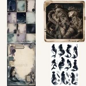 May include: A collection of digital stationery featuring nautical themes, including mermaid silhouettes, vintage-style paper with seashell illustrations, a sepia-toned image of a lace-covered bottle with rope and coral, and lined writing paper.