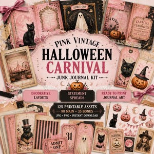 K&ouml;nnte beinhalten: Eine Sammlung von Elementen eines pinkfarbenen Vintage-Halloween-Journal-Kits. Das Bild zeigt dekorative Layouts, Statement-Seiten und druckfertige Journal-Kunst. Das Kit enth&auml;lt einen K&uuml;rbis, schwarze Katzen, Geister und den Text "Pink Vintage Halloween Carnival".