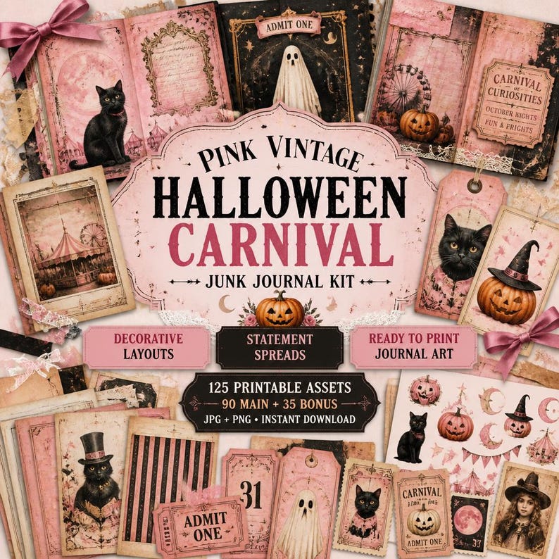 K&ouml;nnte beinhalten: Eine Sammlung von Elementen eines pinkfarbenen Vintage-Halloween-Journal-Kits. Das Bild zeigt dekorative Layouts, Statement-Seiten und druckfertige Journal-Kunst. Das Kit enth&auml;lt einen K&uuml;rbis, schwarze Katzen, Geister und den Text "Pink Vintage Halloween Carnival".