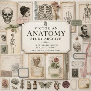 May include: A collection of Victorian anatomy study archive printable assets featuring vintage medical illustrations of skulls, skeletons, organs, and botanical drawings on aged paper, with text reading Victorian Anatomy Study Archive.