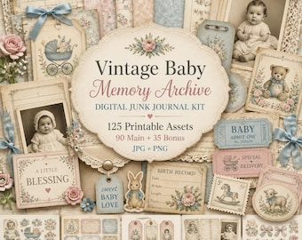 Digital baby junk journal kit, baby journal, baby boy junk journal, Vintage Baby Memory Archive