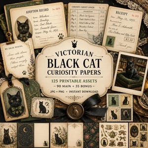 May include: A collection of Victorian-themed printable papers featuring black cat illustrations, vintage ledger pages, adoption records, receipts, postage stamps, and floral patterns with text including Victorian Black Cat Curiosity Papers.